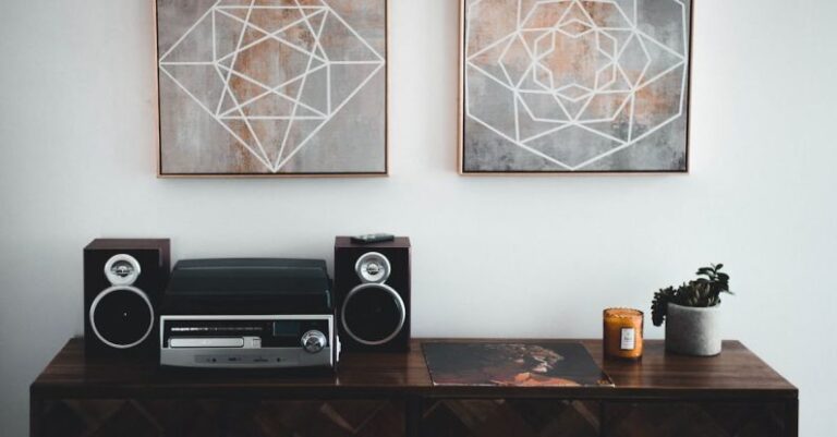 Speakers - Black Shelf Stereo on Brown Wooden Sideboard